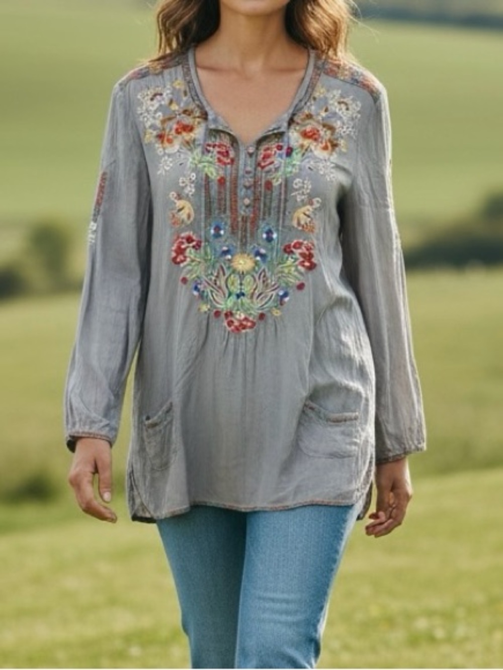 Johnny Was Embroidered Tunic Blouse Sz Medium Gray Floral Boho Sheer Long Sleeve